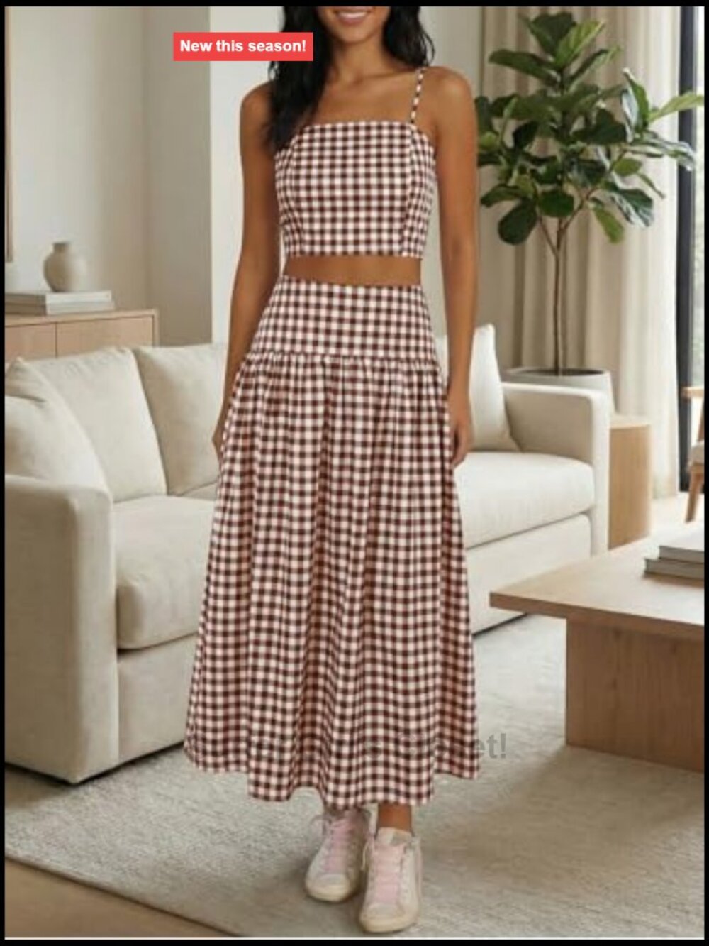 Women's 2-Piece Gingham Crop Top and Midi Skirt Set Summer Vacation Outfit - Picture 2 of 7